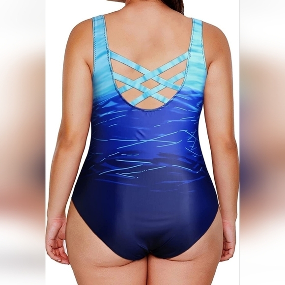 Blue pattern one piece swimsuit - Picture 2 of 5